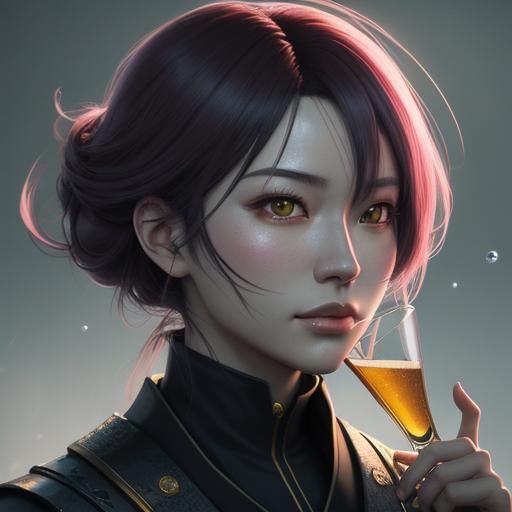 Anime Girl Drinking Beer, Detailed Digital Art