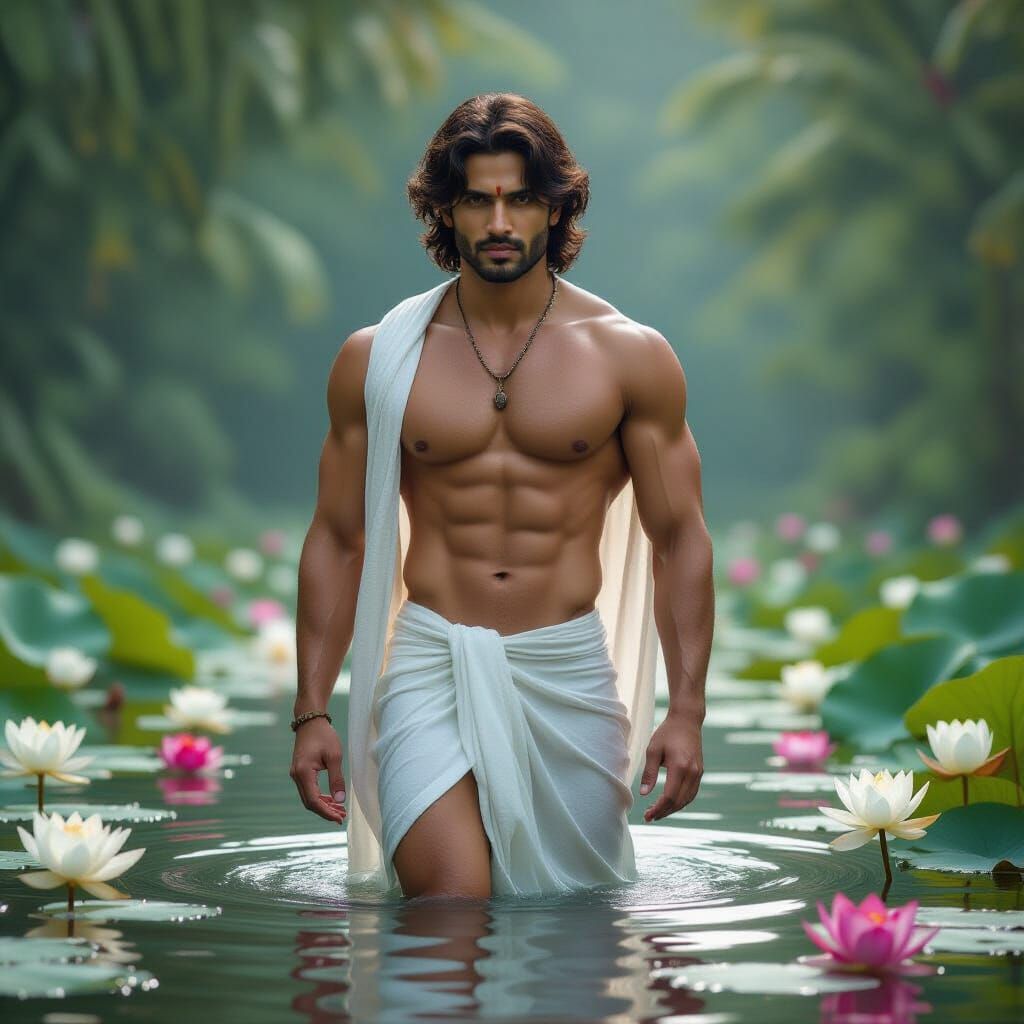 Photorealistic Image of a Muscular Man in Lotus Pond