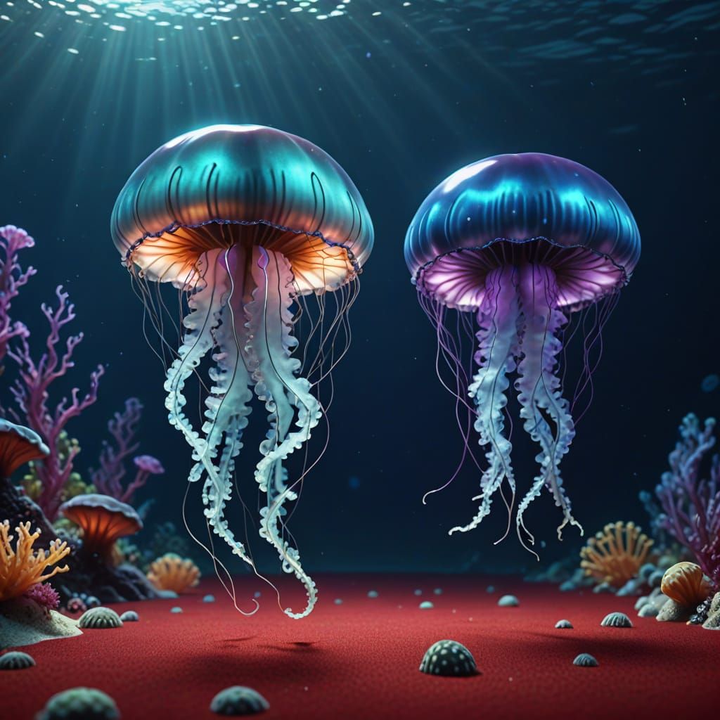 Glamorous Underwater Red Carpet Scene in Iridescent Jellyfis...