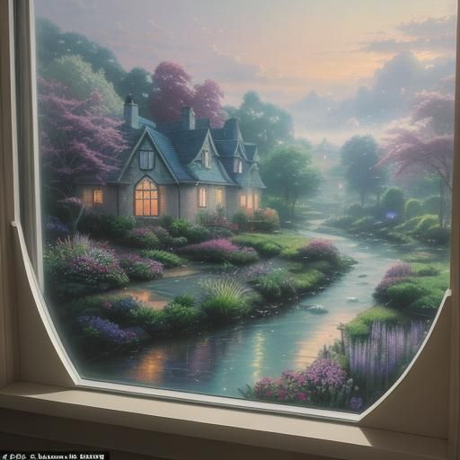 Anime River Scene with Cat and Dog