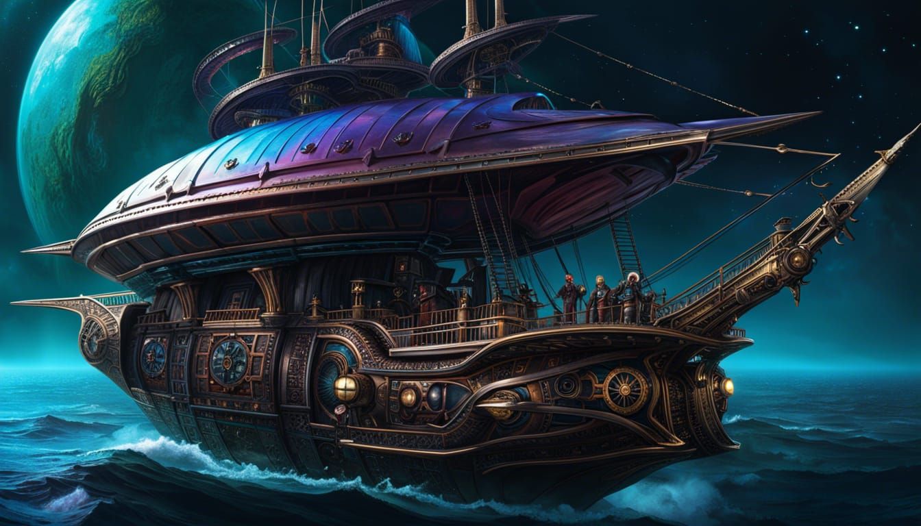 Space Pirate ship, space, fantasy art, steampunk, Greg Rutkowski H.R. Giger cool colors deep color 64 megapixels 8K reso...