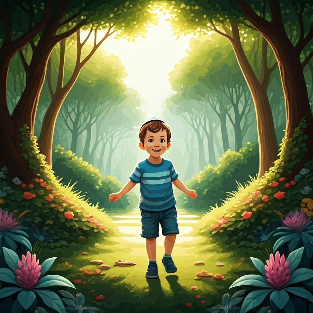 Joyful Boy Playing in Park: Abstract Vector Art