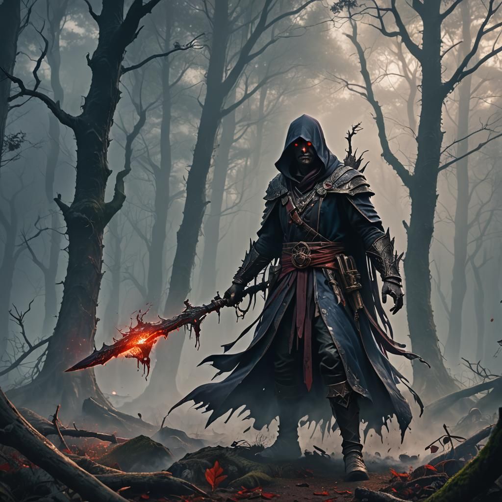 Dark Bloody Mage in Foggy Forest: Fantasy Art