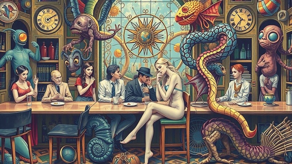 Surreal Cafe Scene with Bizarre Creatures in Maximalist Styl...