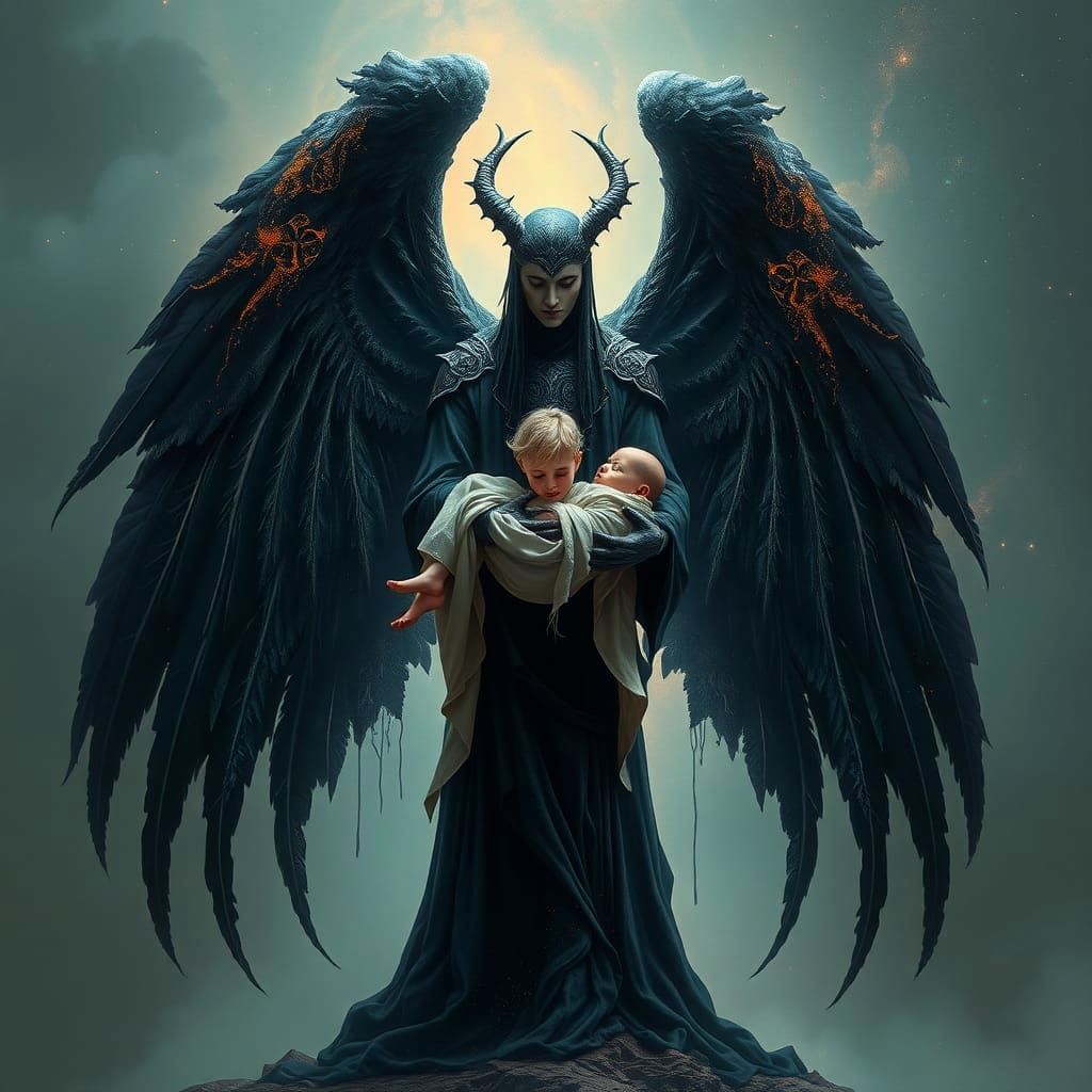 Thanatos in Nebula Stardust Holding Child