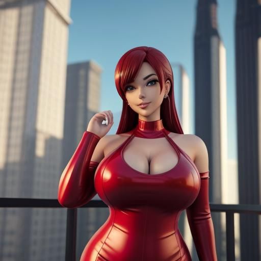 Curvy Woman in Red Dress: 3D Anime Art