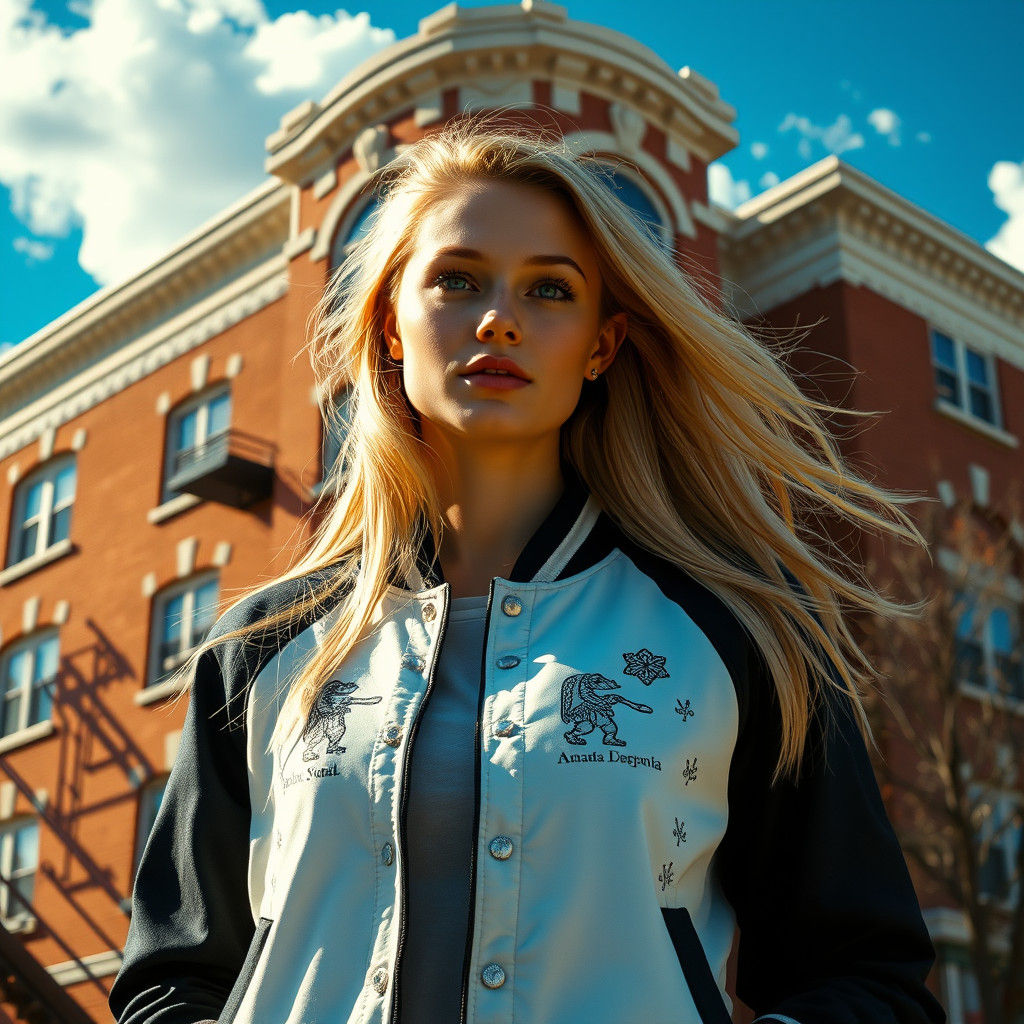 Blonde Woman in Varsity Jacket, 35mm Film Style