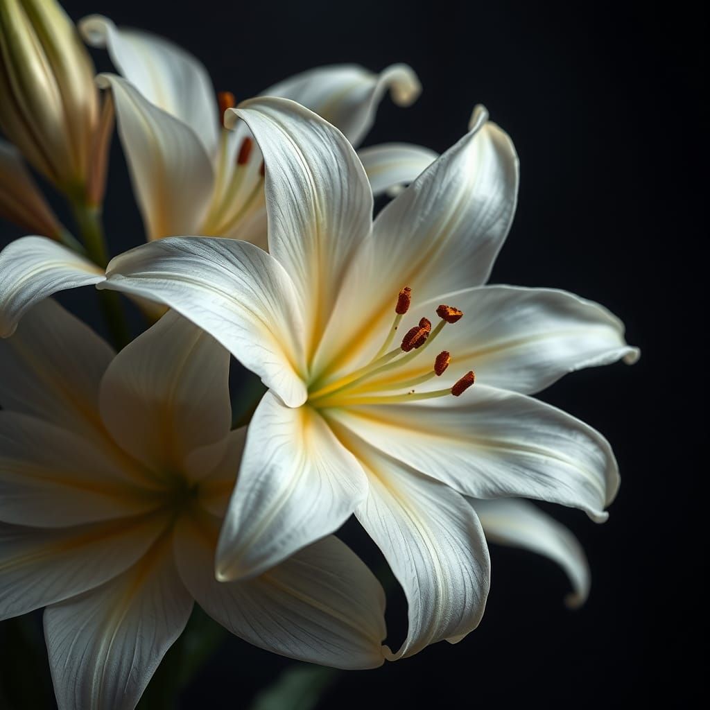 Lilies; ⚜️; transparent and waxy lilies; Lili Reinhart; intricate details, HDR, beautifully shot, hyperrealistic, sharp ...