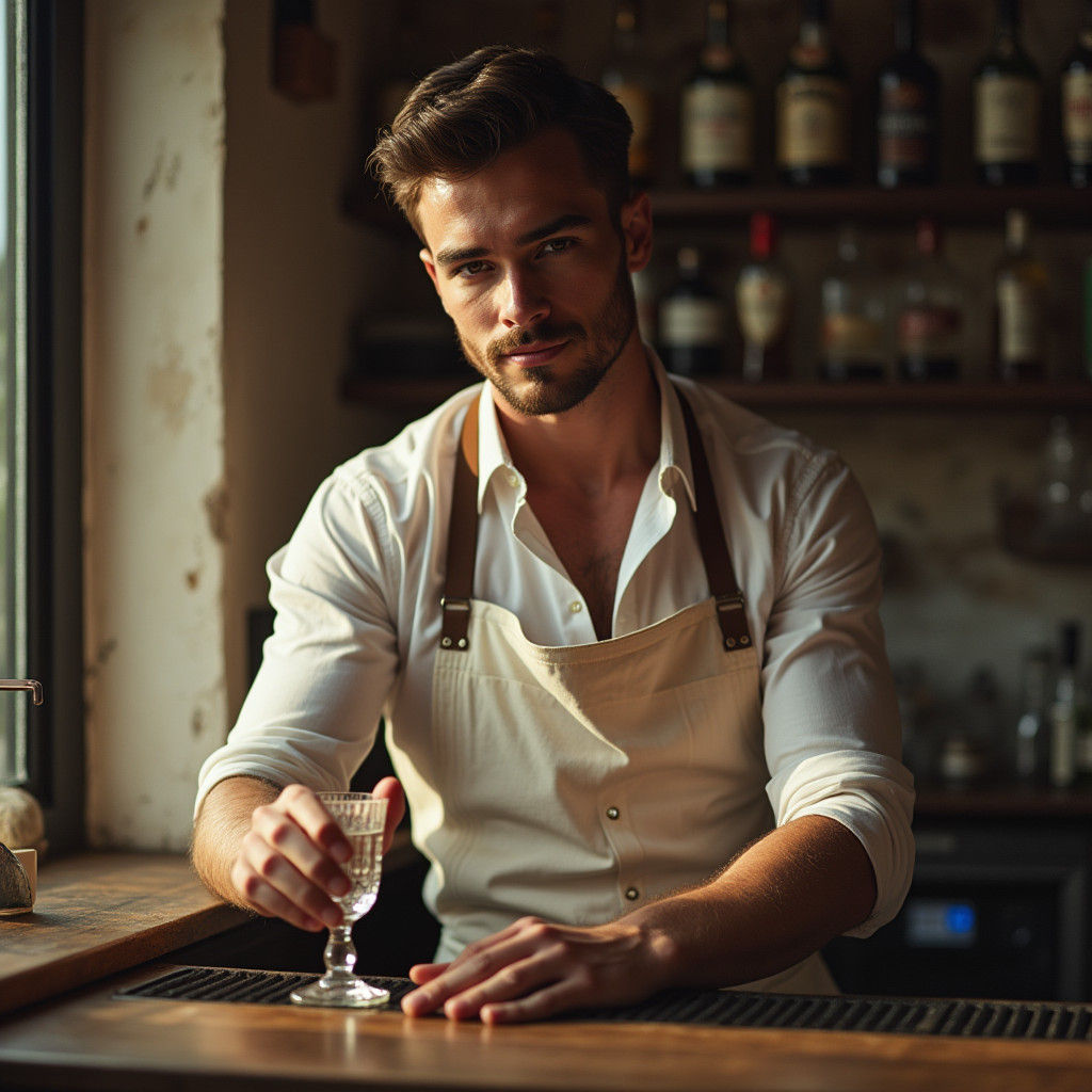 Charming British Bartender in Retro Polaroid Style