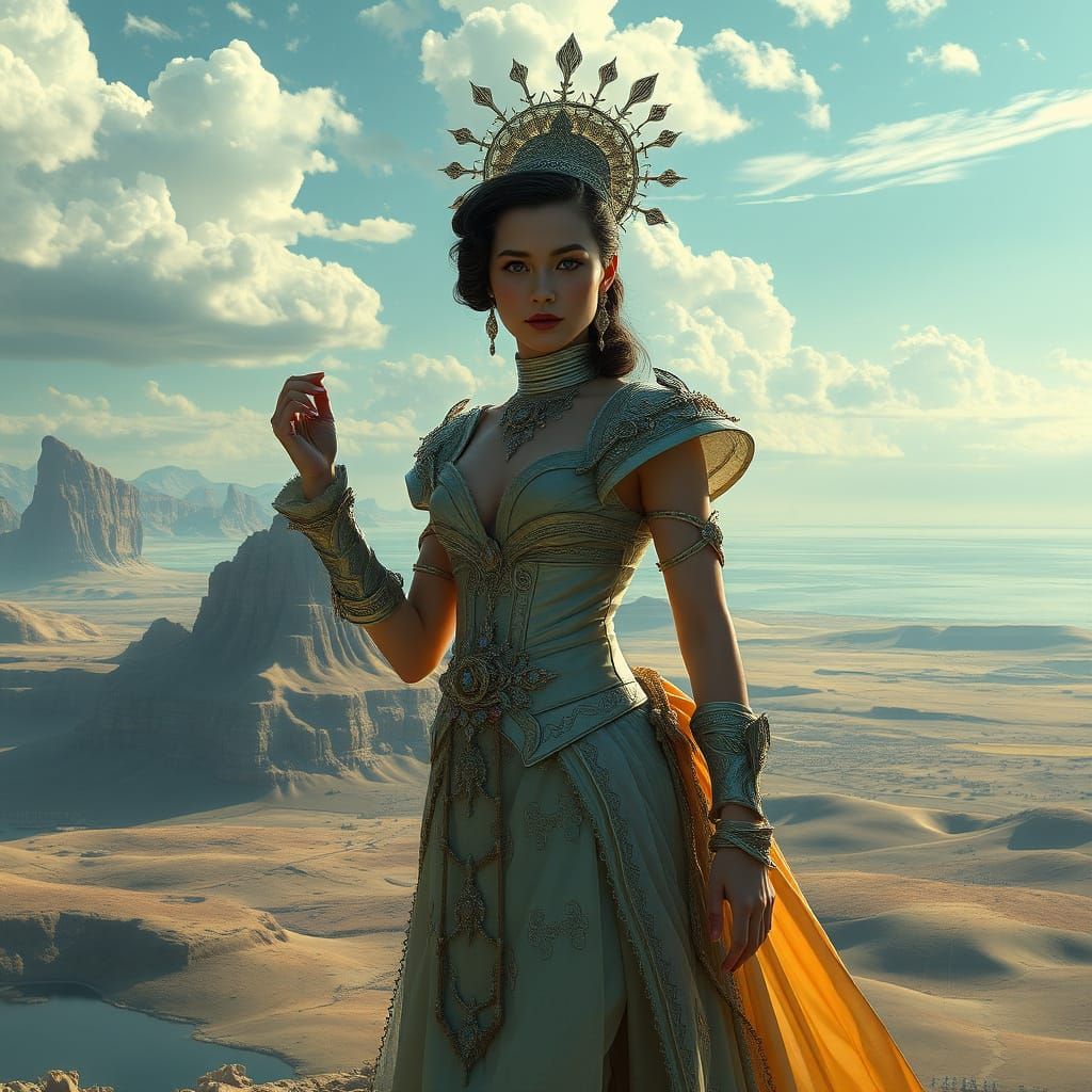 Woman Posing in Sweeping Landscape, Digital Painting