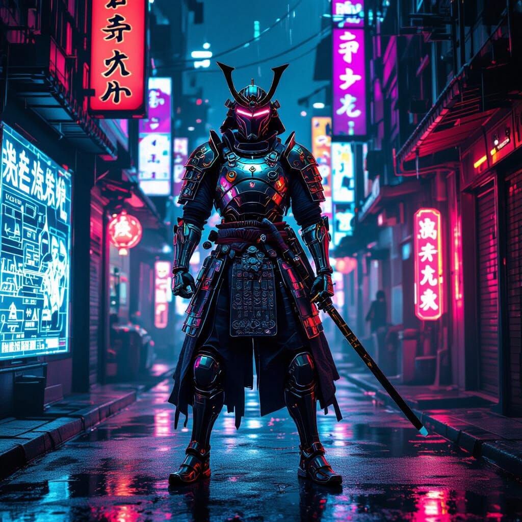 Futuristic Samurai Warrior in Neon Alleyway Digital Painting