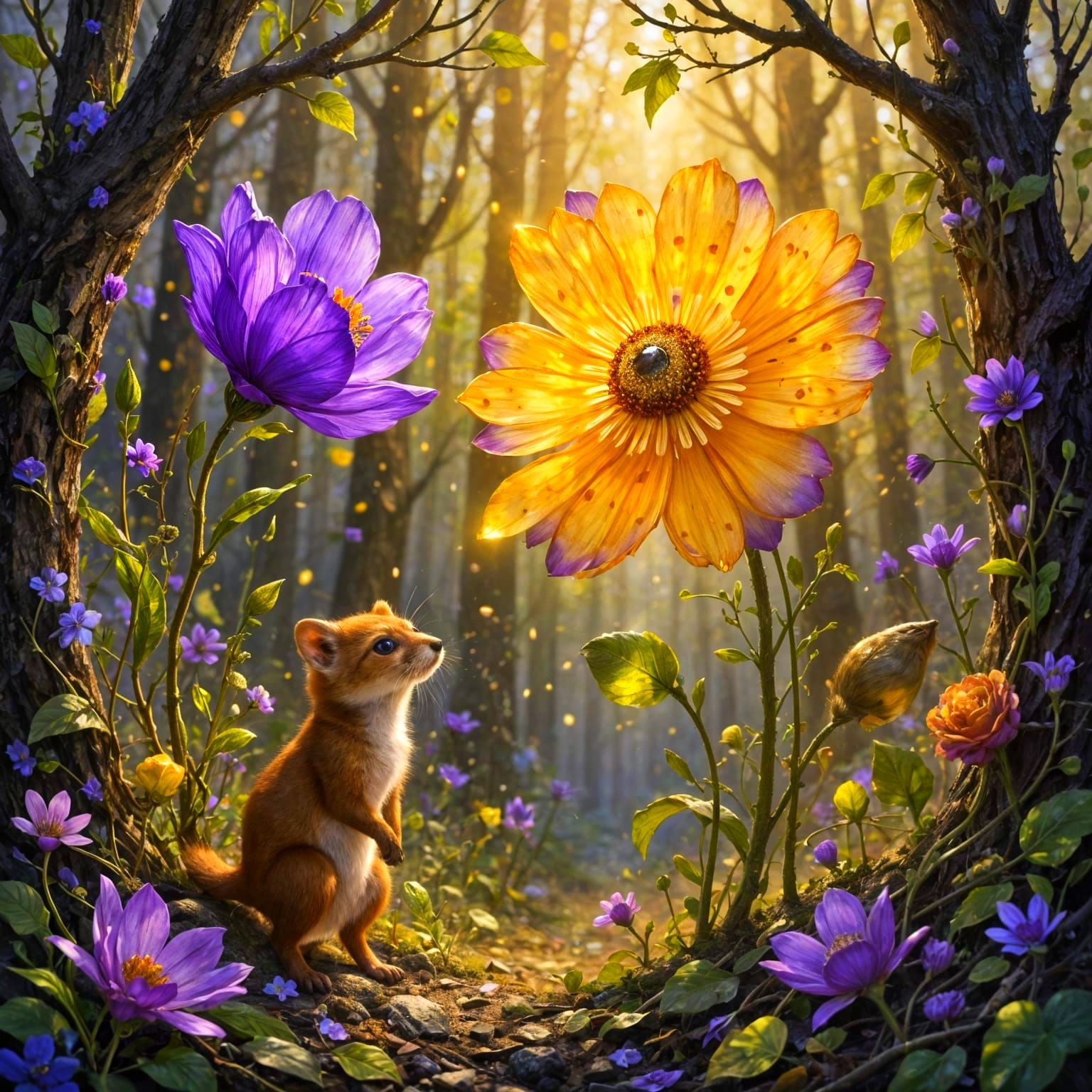 Tiny Weasel Amazed by Colossal Flower in Dreamchant Forest