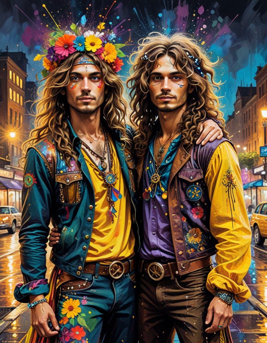 Steampunk Hippie Dancers in a Colorful Cityscape