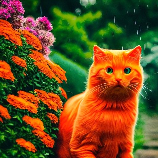 Hyperrealistic Orange Cat in Rainy Flower Garden