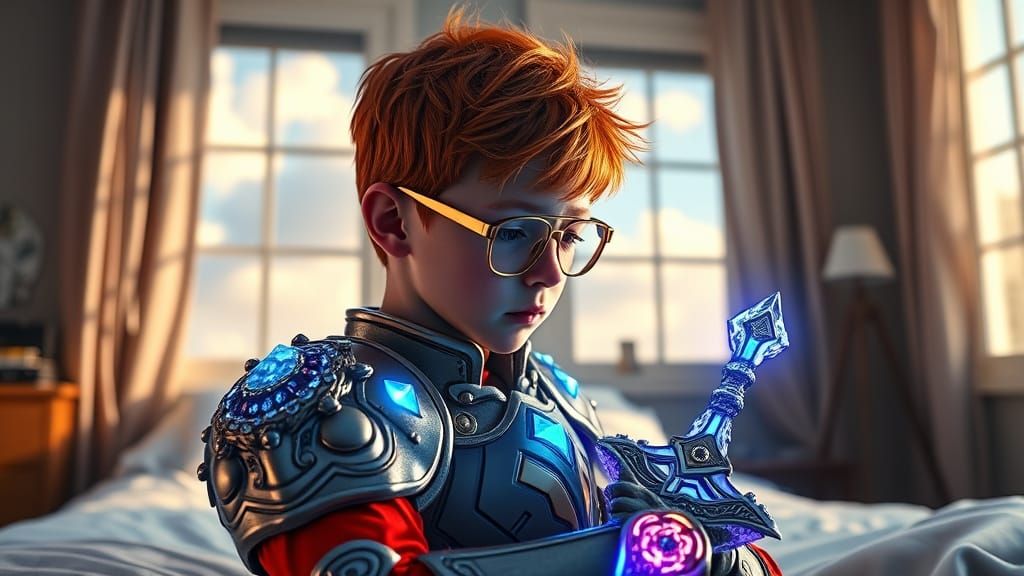 Young Hero Prepares for Battle in Sunlit Bedroom