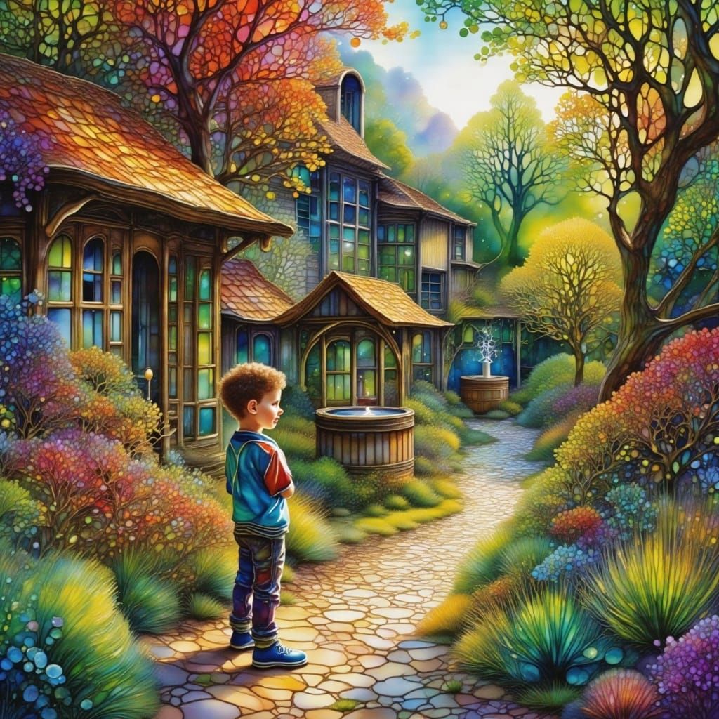 Boy in Enchanted Garden: Beatrix Potter Style