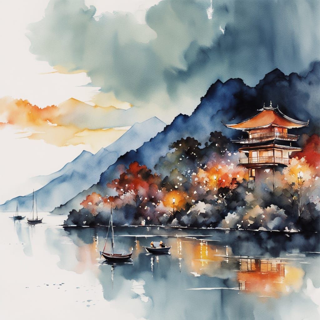 Lake Biwa Dawn: Watercolour Shrine Gates