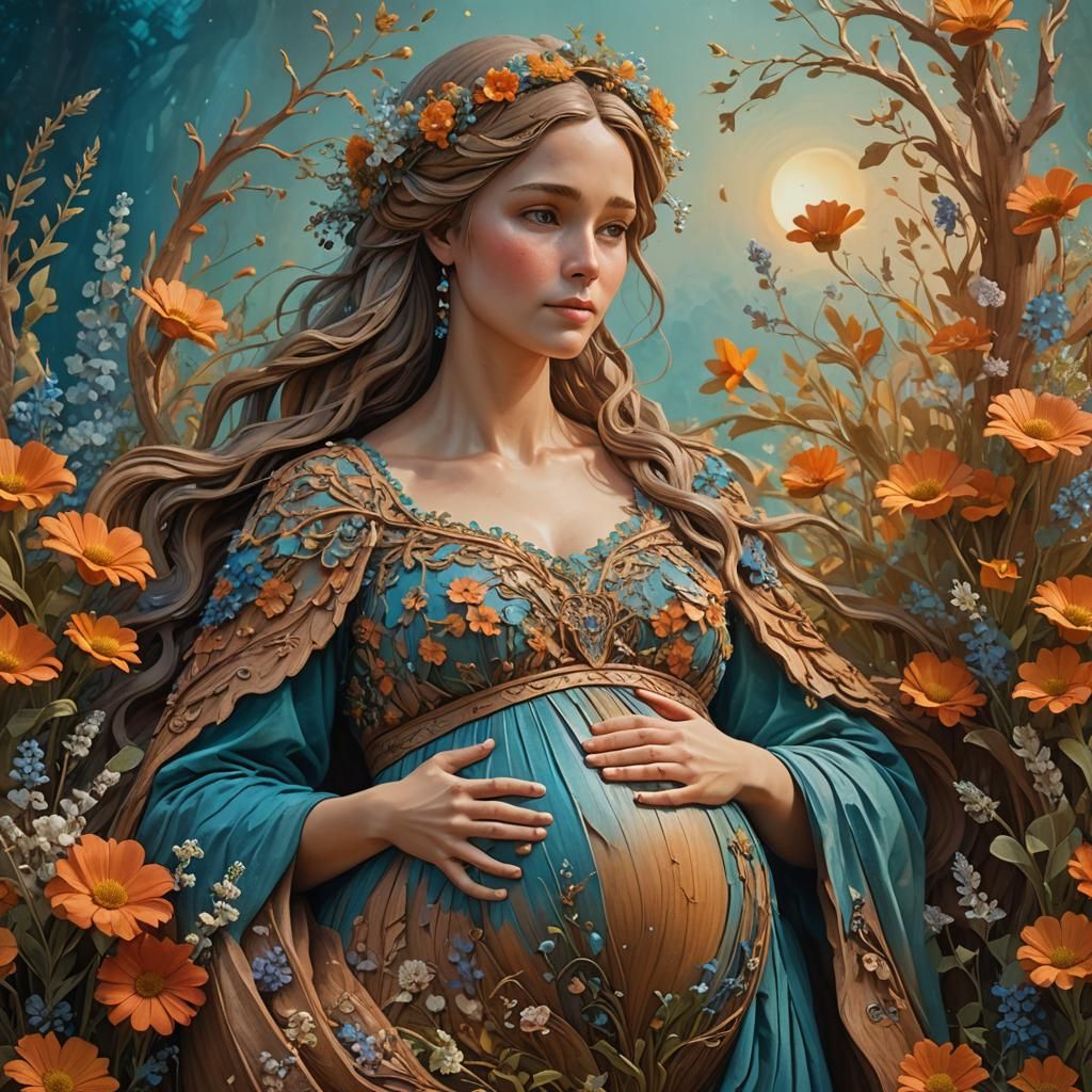 Wooden Pregnant Woman Statue with Flower Gown