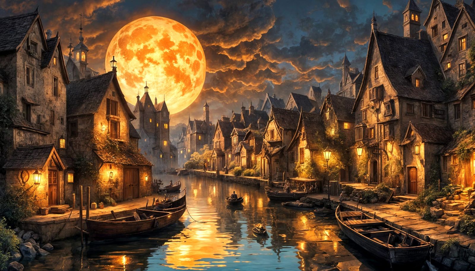 Fantasy Village Illuminated by Multiple Moons