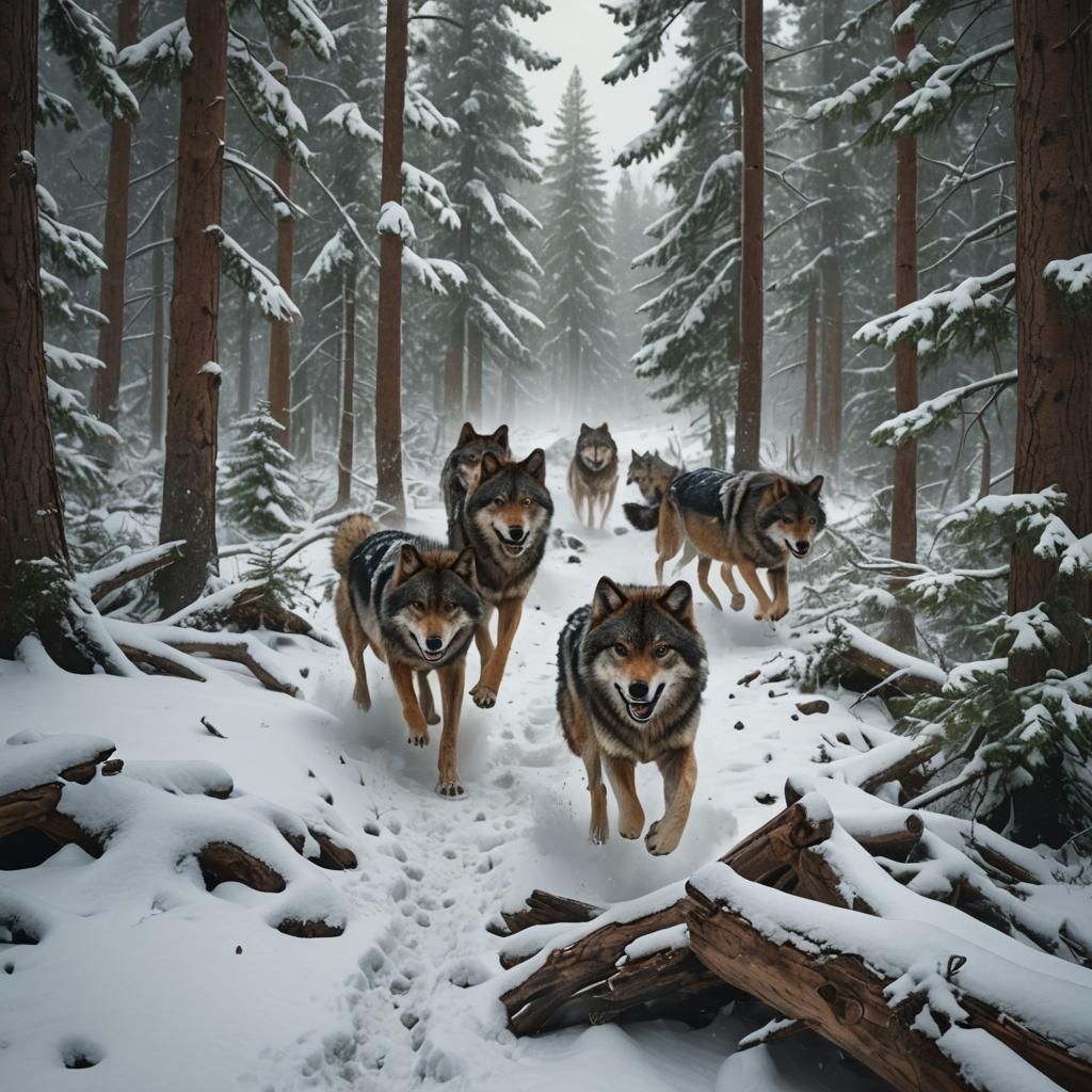 Wolves Play in Winter Forest: Photorealistic 8K