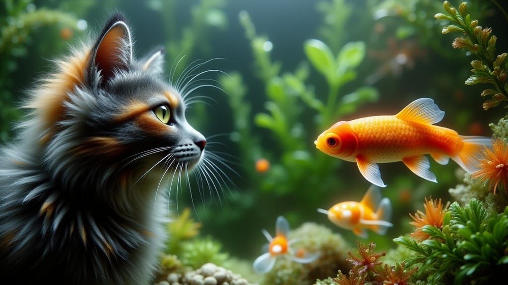 Selkirk Rex Cat Gazing at Koi Fish in Dreamy Light