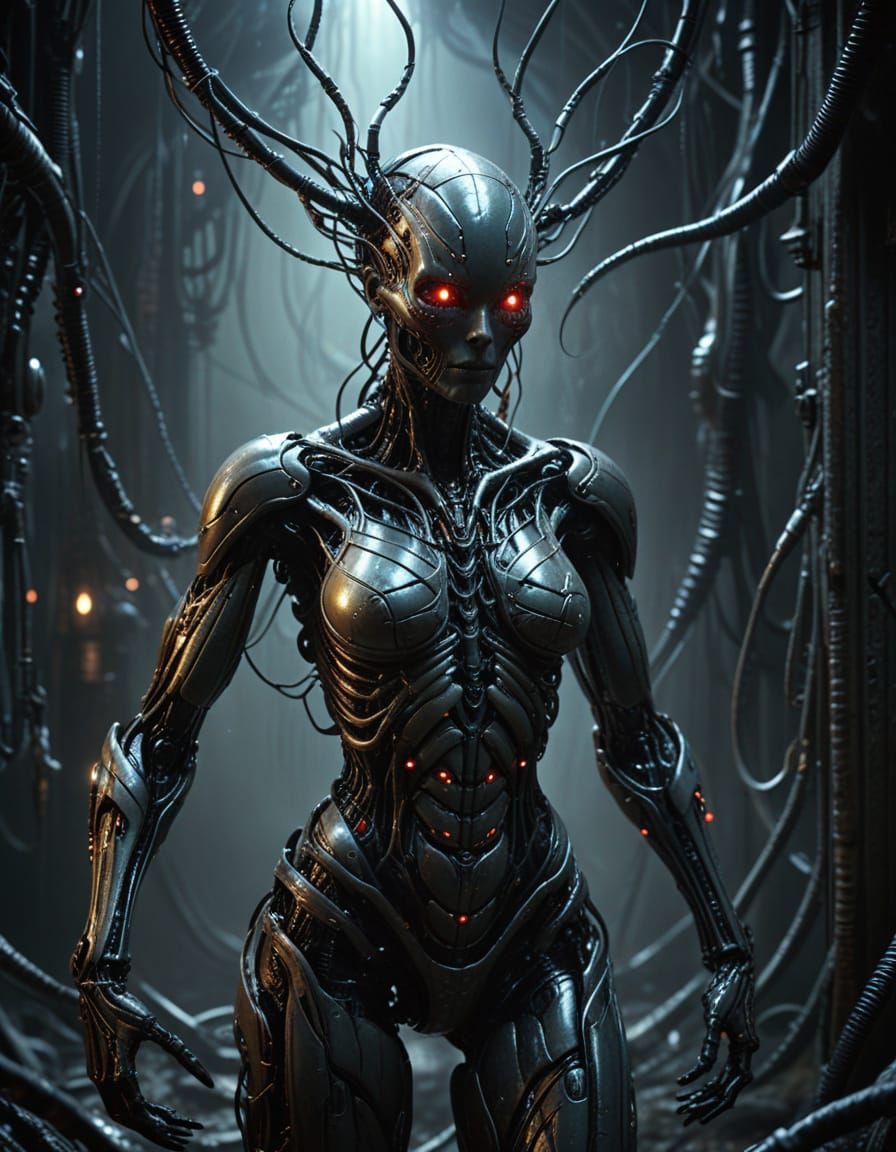 Woman Emerges from Robotic Chrysalis in Dark Fantasy Art