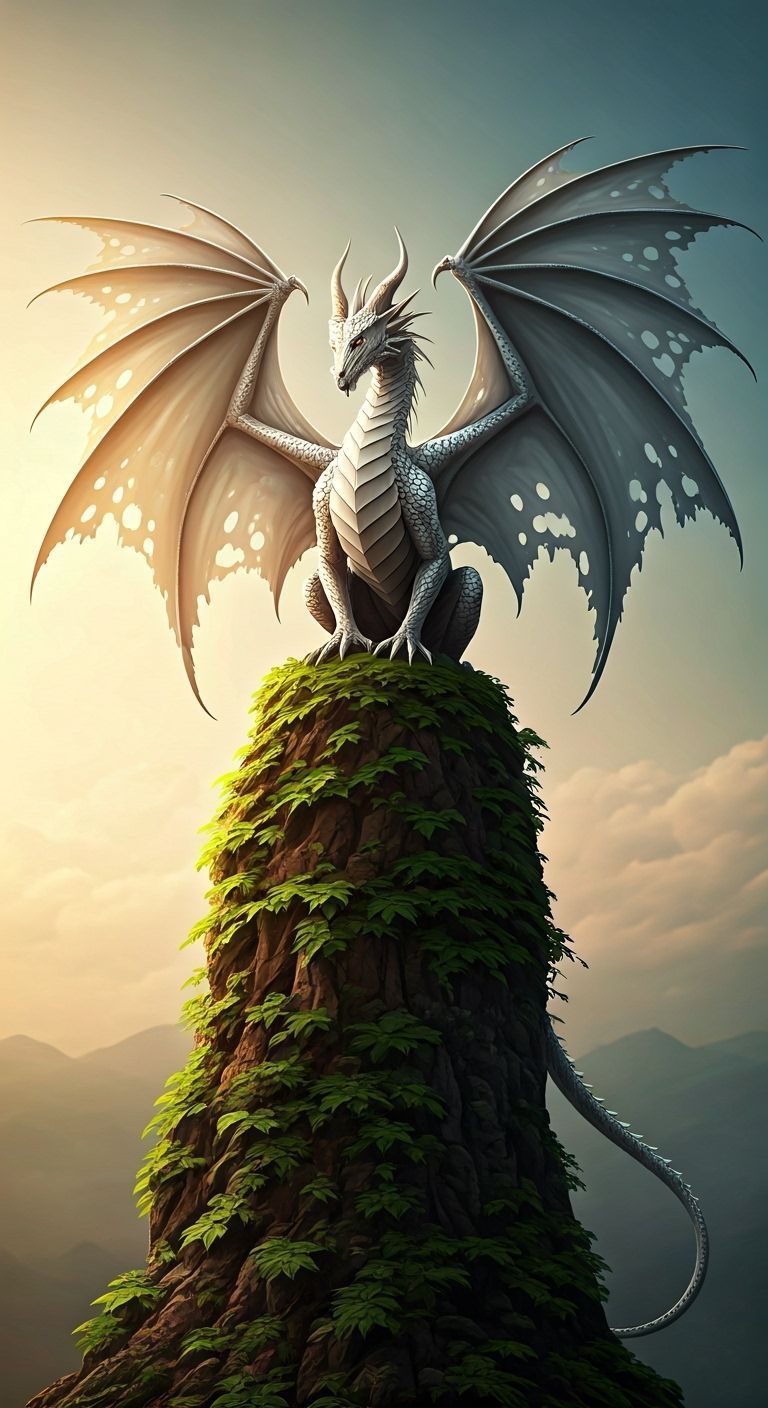 Silver Dragon-Dryad on Spire in Hyper-Realistic Style