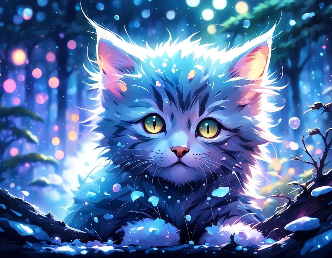 Cute Kitten Portrait in Fantasy Forest, Digital Art