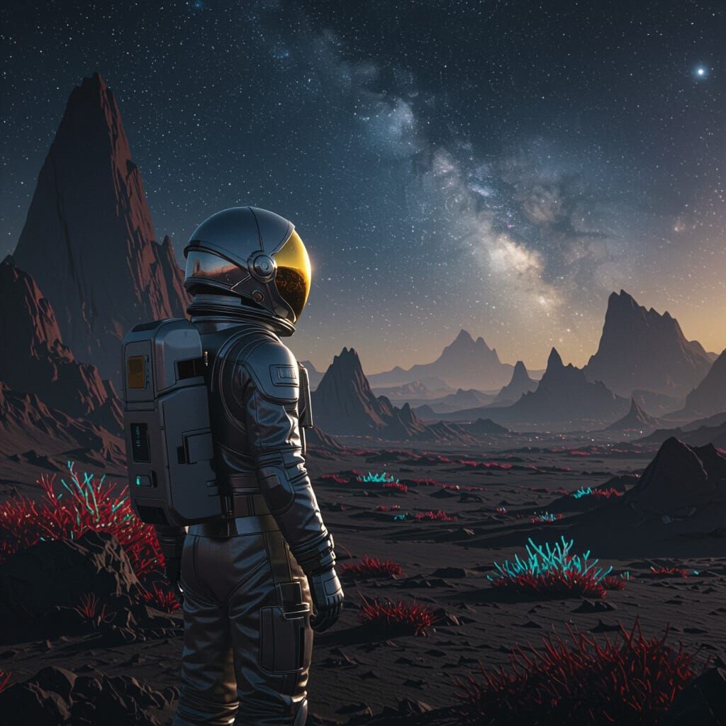 Astronaut on Alien Planet Gazing at Cosmic Vista