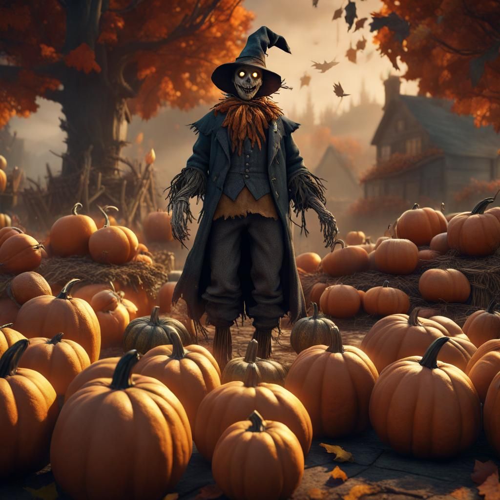 Detailed Matte Painting of Scarecrow and Pumpkins