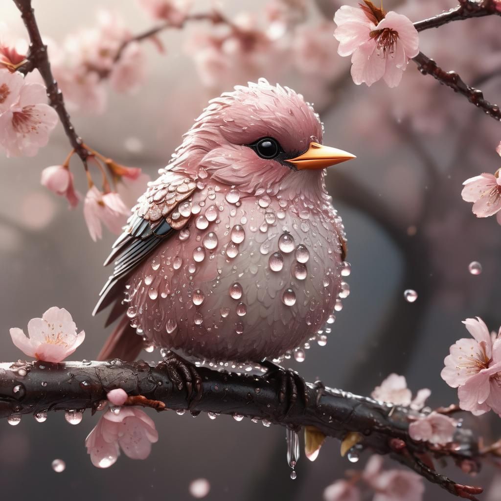 Chibi Bird with Dew Drops on Cherry Blossoms
