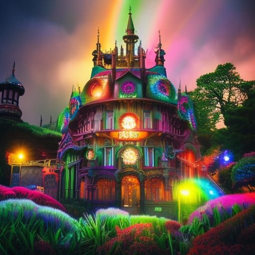 Rainbow Neon Fairy Wonderland in Dark Academia Style