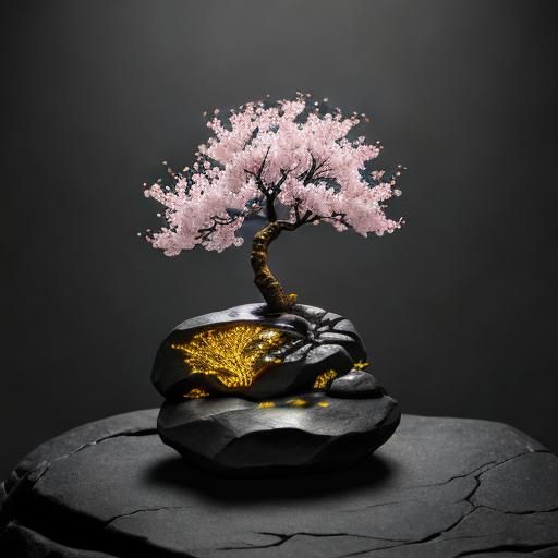 Golden Cherry Blossom on Lava Rock: Macro Photography