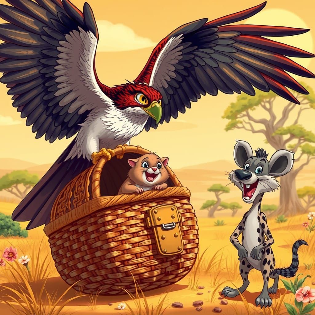 Hawk holding a hamster in a basket while a hyena laughs