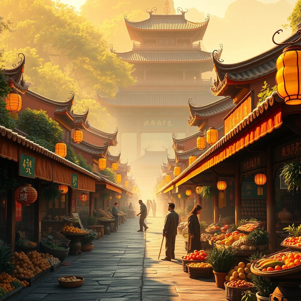 Ancient Chinese Market Scene in Vibrant Golden Light