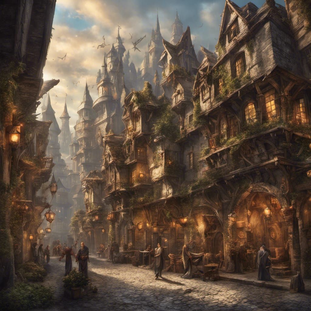 Lively Fantasy Kingdom City Street in High Magic Style