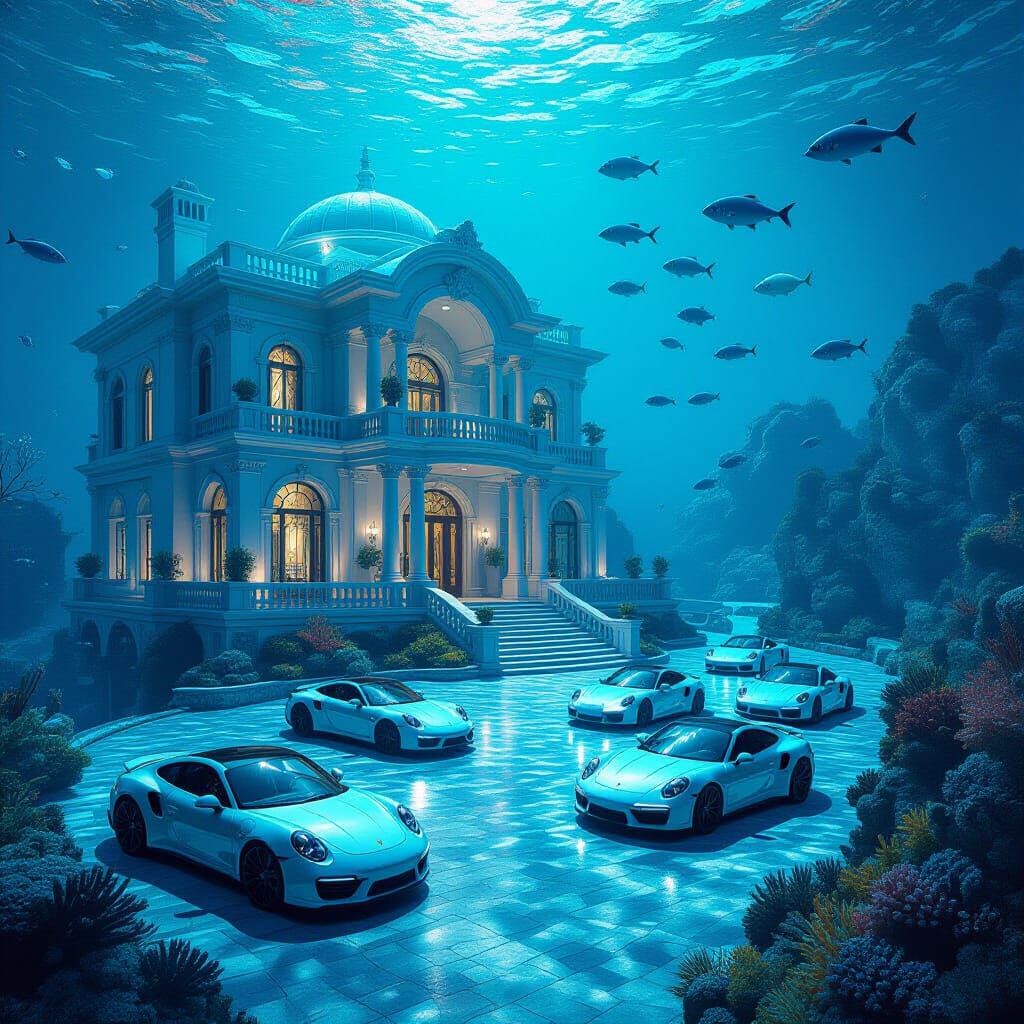 Underwater Mansion with Porsches in Retro-Futuristic Style