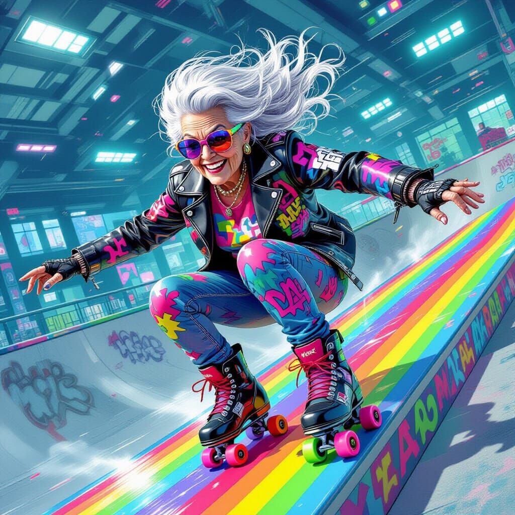 Grandma Grinds Rainbow Rail in Comic Book Style