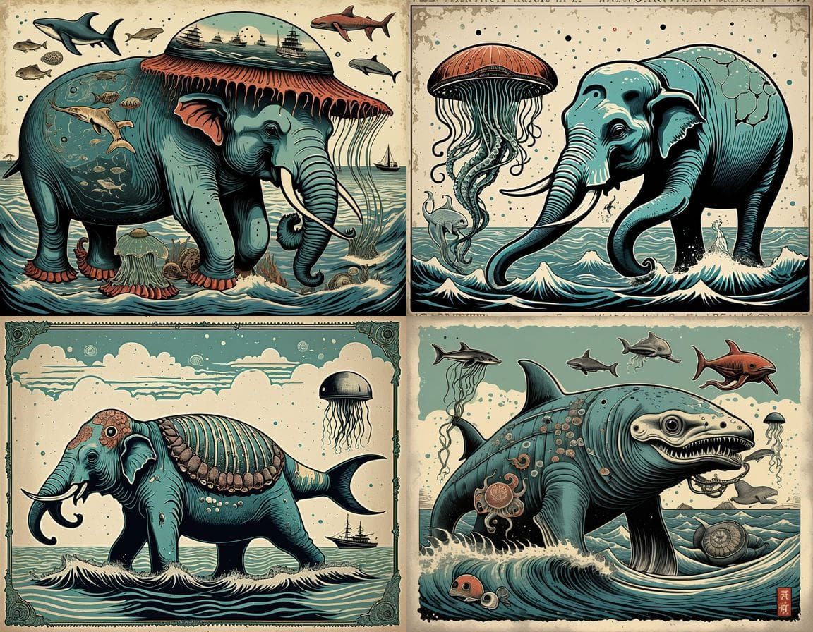 Bizarre Thai Ukiyo-e Mutant Sea Creatures in Faded Colors