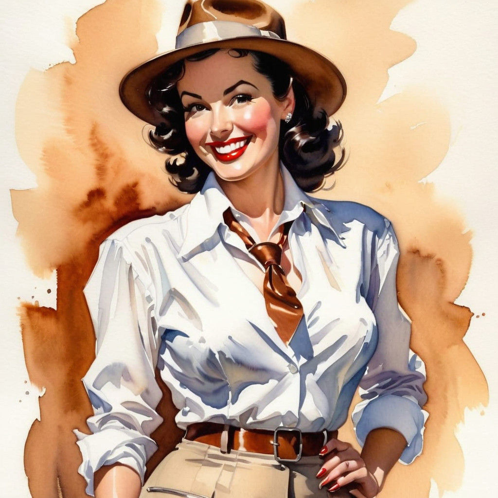 Playful 1940s Impressionist Watercolor Portrait of a Stunnin...