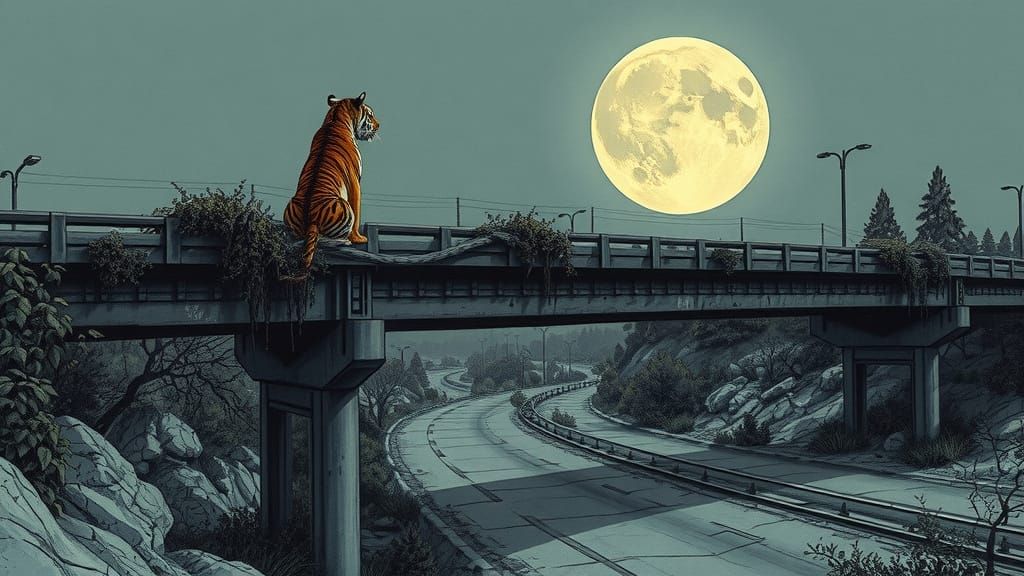 Lone Tiger Gazes at Ethereal Moon Over Wasteland, Acid Ink S...