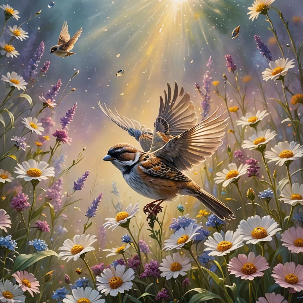 Sparrow Soaring Above Flowers in Ethereal Light