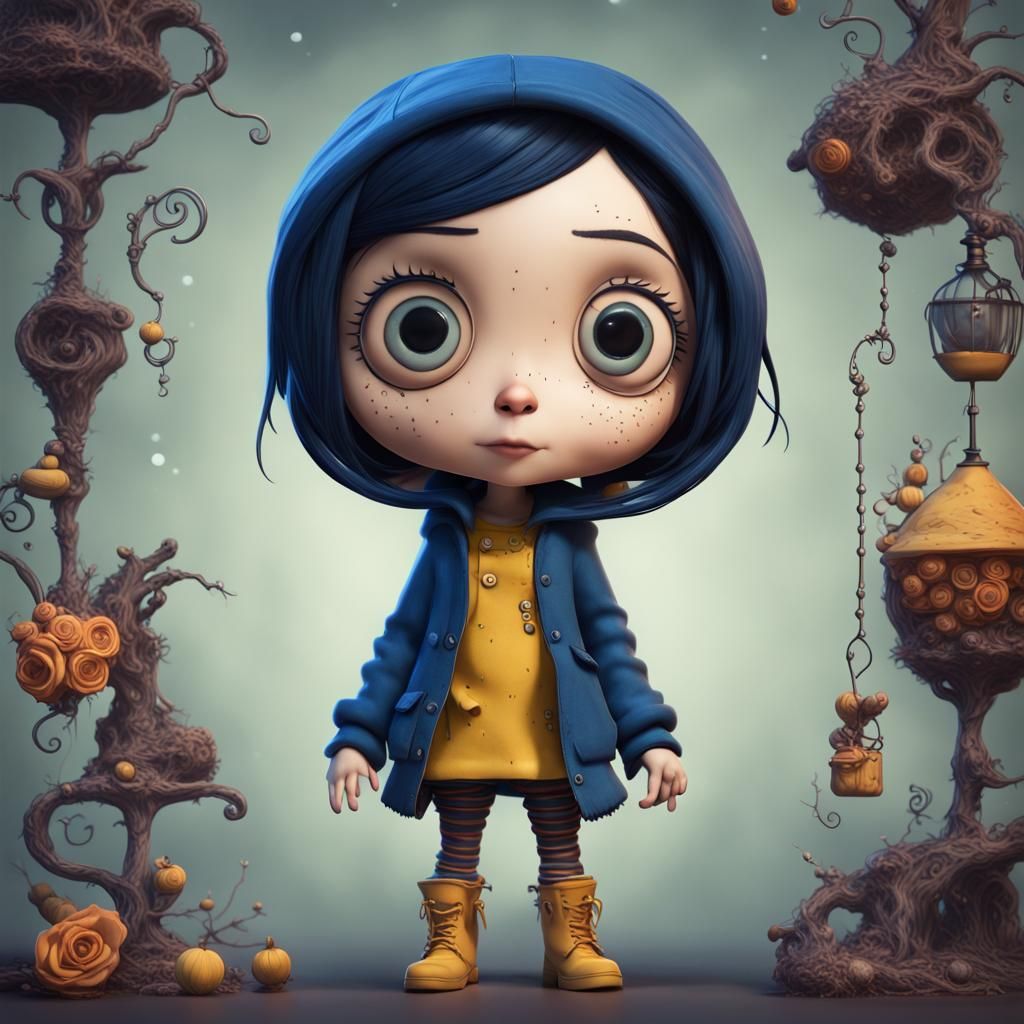 Coraline Chibi Illustration in Detailed Matte Style