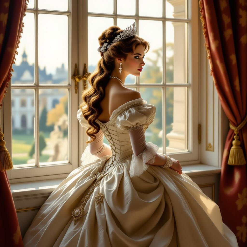 Empress Sissi in Opulent Gown Gazing from Palace Window