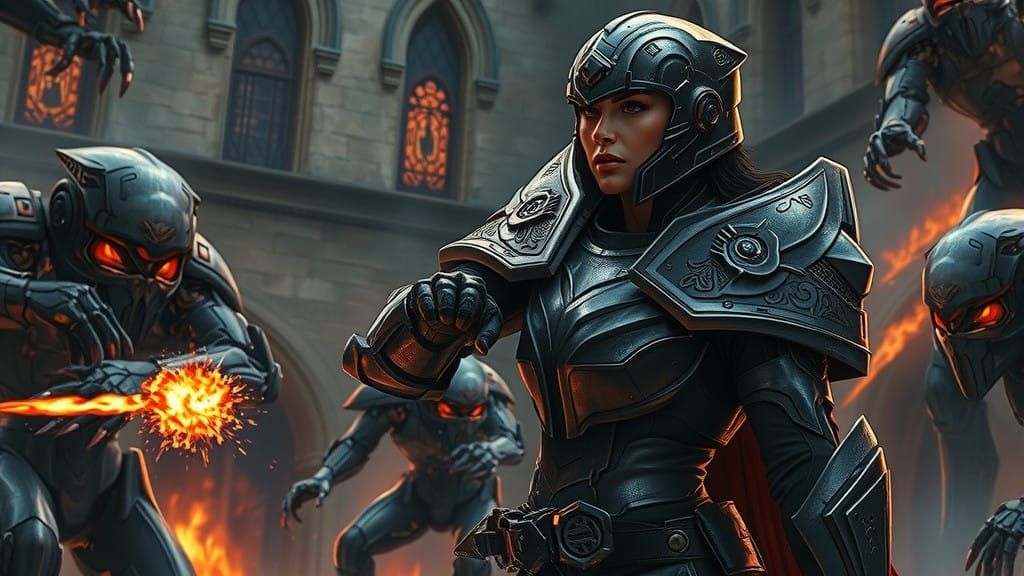 Warrior Woman Battles Robots in a Gothic, Medieval-Inspired...