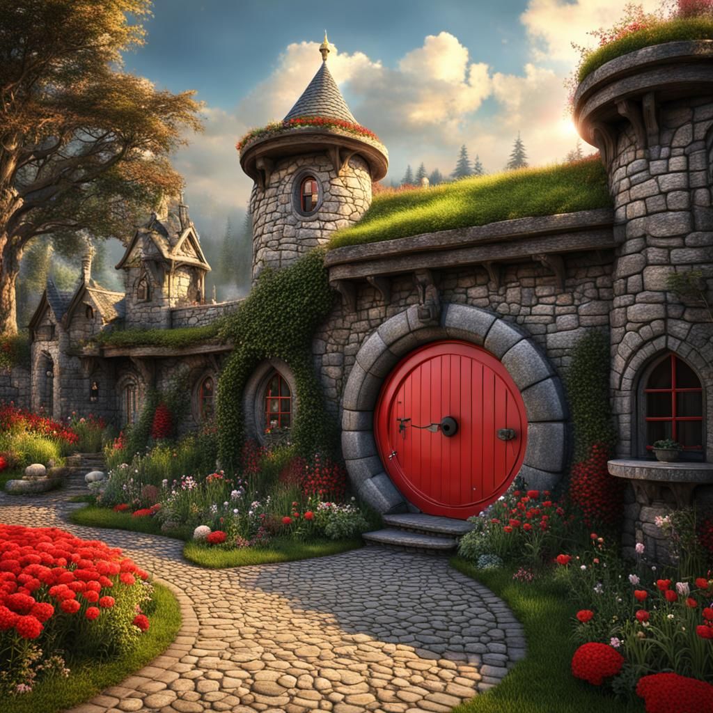 Quaint Hobbit Castle with Red Door: Digital Painting