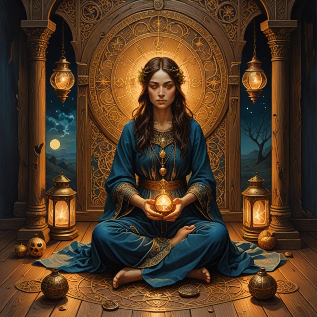 Woman in Mystical Woodland Scene with Eight Pentacles