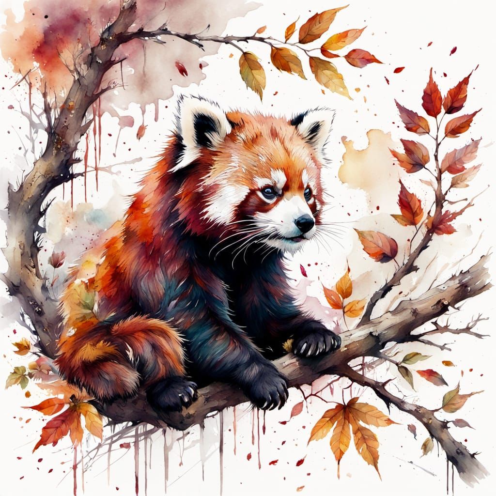 Red Panda on Autumn Branch in Expressive Watercolour Style