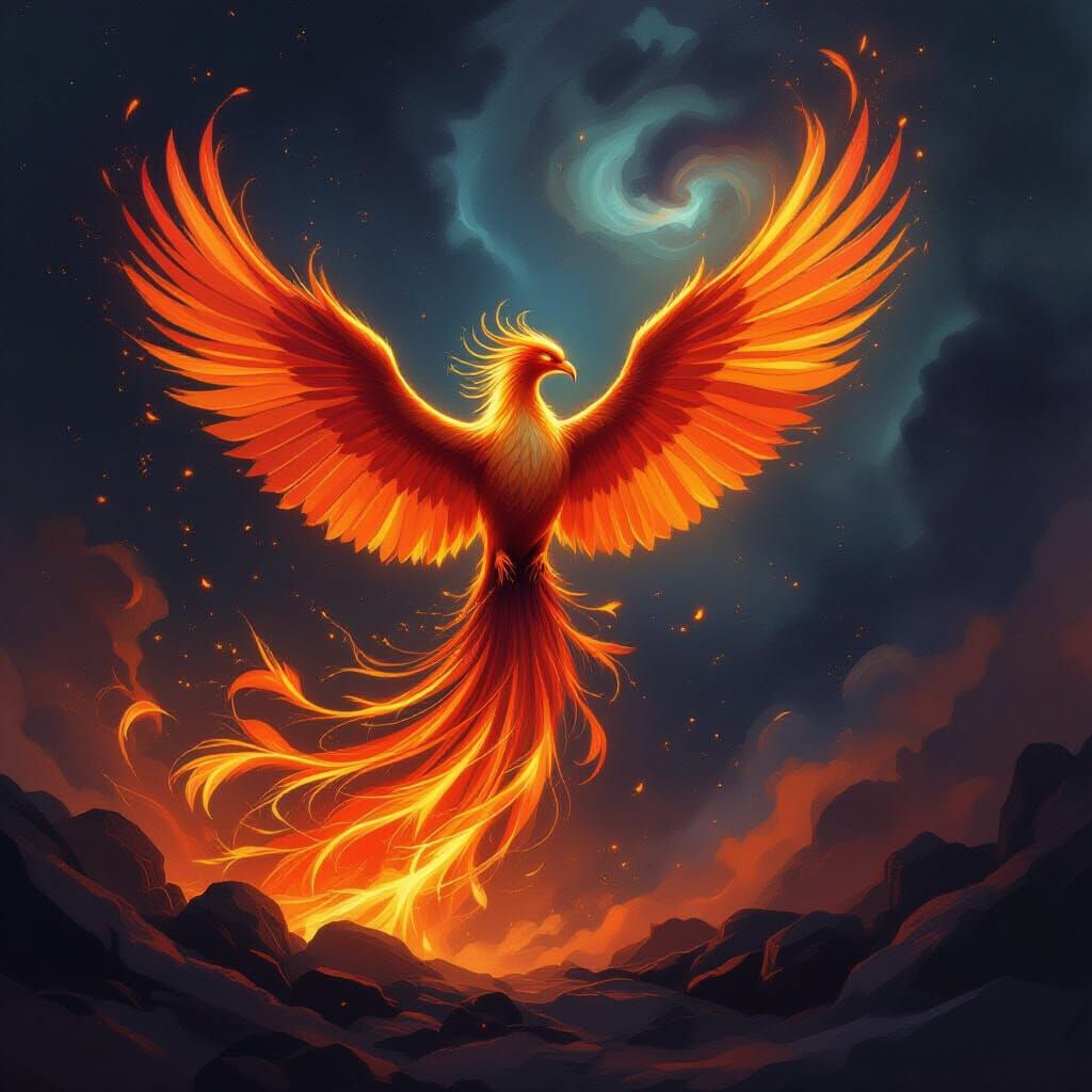 Majestic Phoenix Rises From Ashes in Vibrant Painterly Style