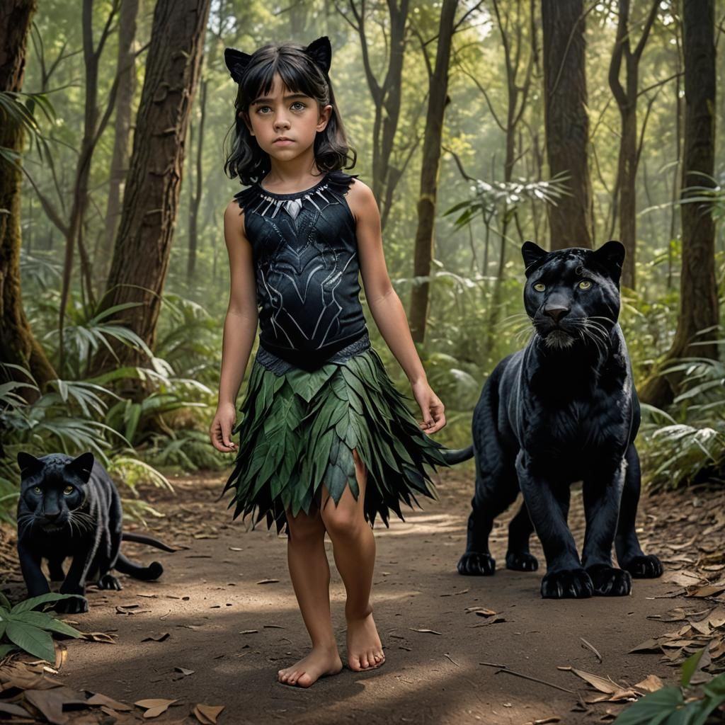 Girl with Panther Features in Forest, Hyperrealistic